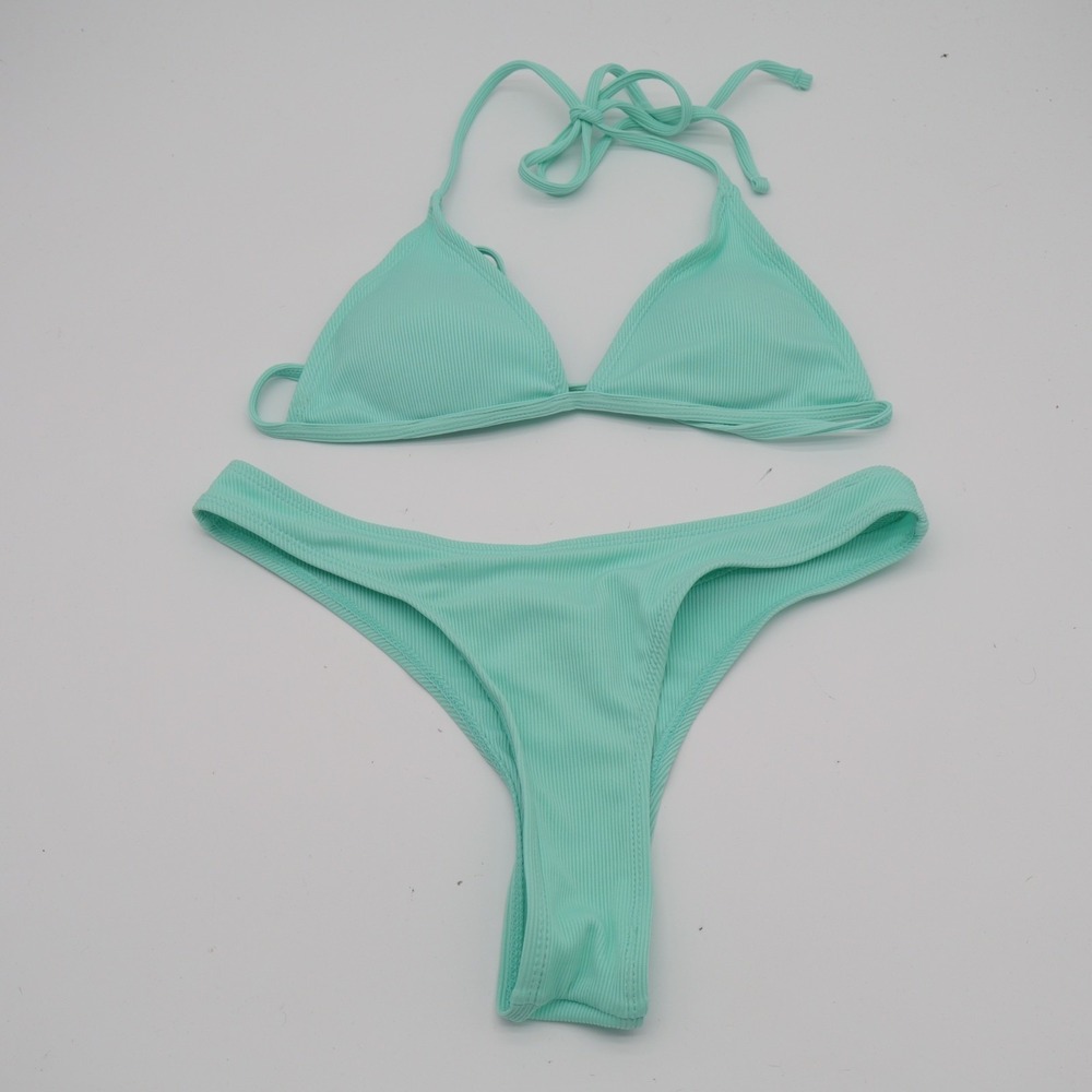2 Piece Triangle Bikini Set Women S Aqua Ribbed Stretch Spaghetti Strap Swimwear - Picture 2 of 5